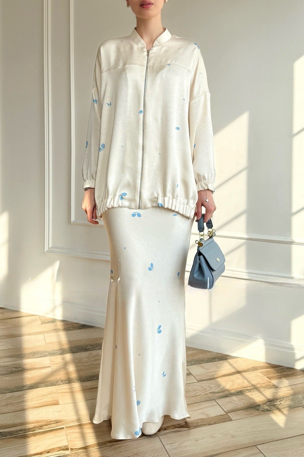 Floral Print Satin Zip-Front Tunic & Maxi Skirt Set