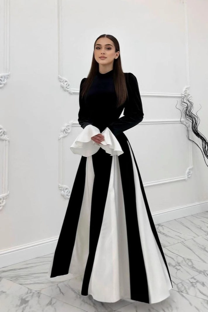 Zohra Contrast‑Panel Flare‑Cuff Maxi dress