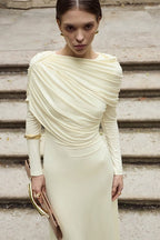 Draped Long-Sleeve Maxi Dress-White