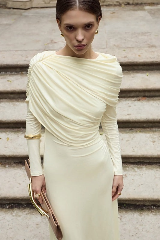 Draped Long-Sleeve Maxi Dress-White
