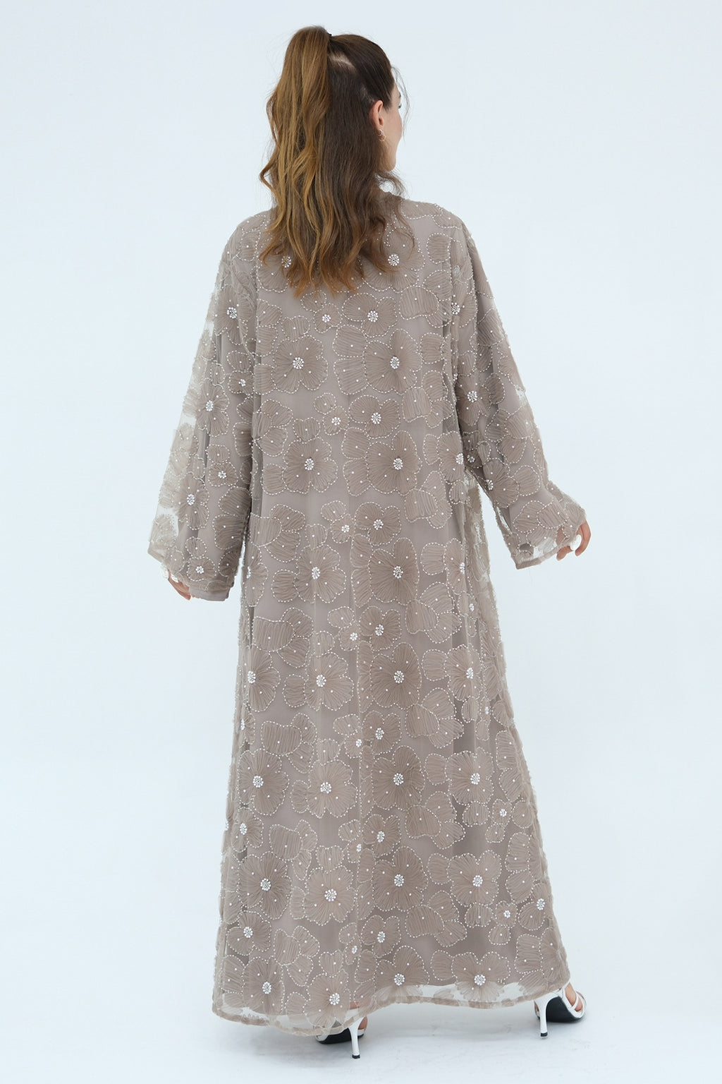 Hand-Beaded Floral Mesh Abaya Two-Piece Set-Grey