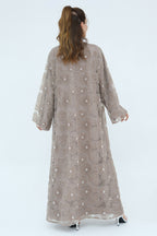 Hand-Beaded Floral Mesh Abaya Two-Piece Set-Grey