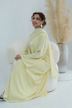 Floral Lace Trim Open Abaya & Matching Hijab Two-Piece Set-Yellow