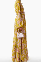 Vibrant Sunny-Day Floral Print Cinched-Waist Modest Maxi Dress
