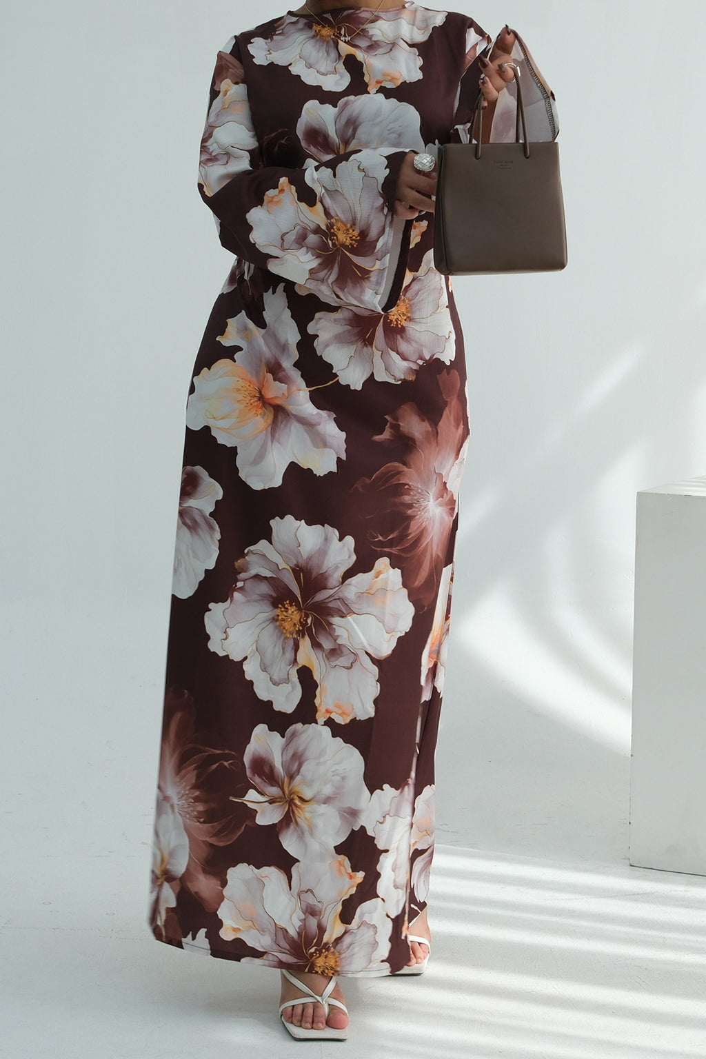 Large Floral Print Bell Sleeve Maxi Dress-Coffee