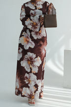 Large Floral Print Bell Sleeve Maxi Dress-Coffee