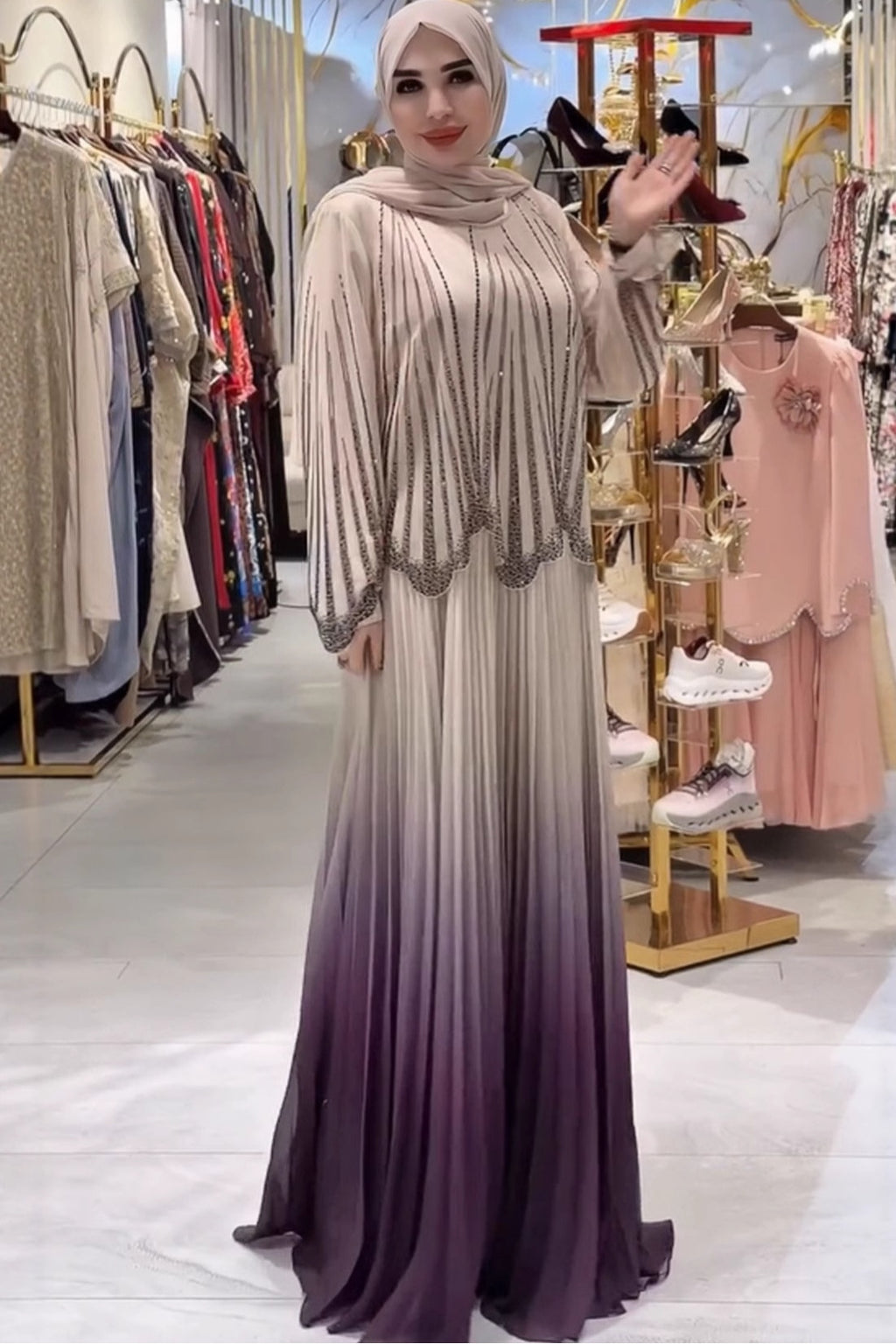 Nur Rhinestone Ombre Pleated Abaya Dress