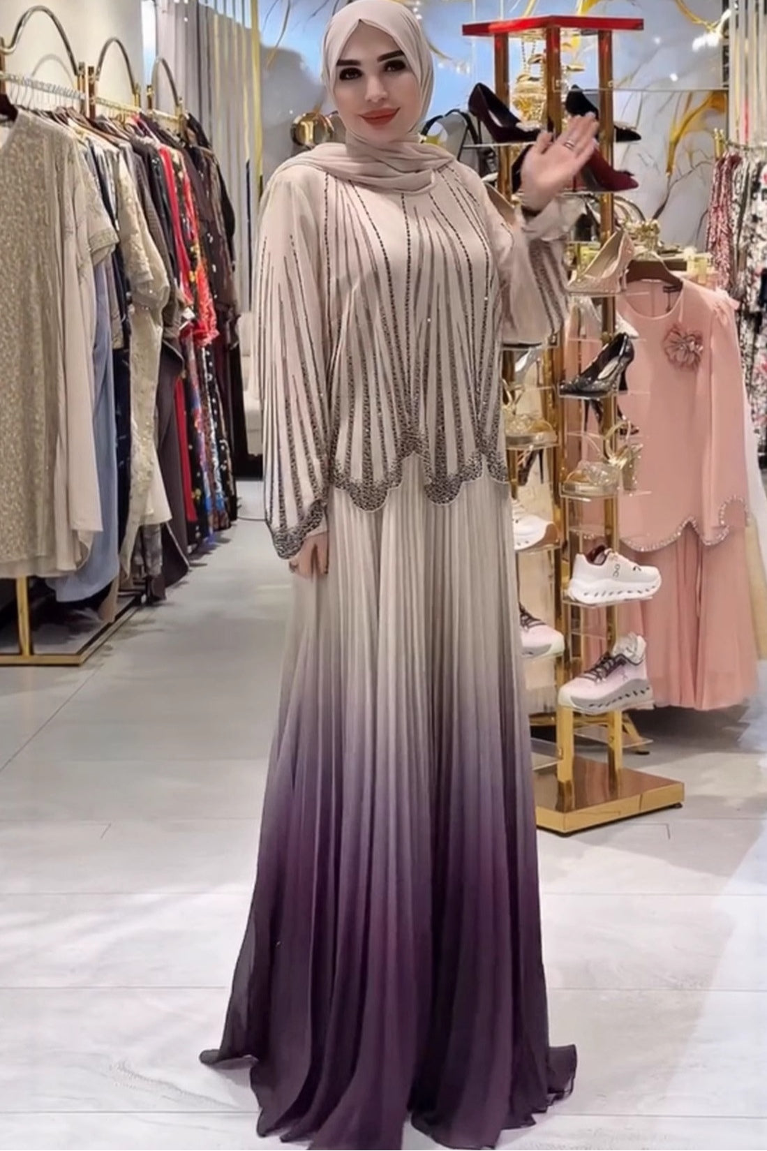 Nur Rhinestone Ombre Pleated Abaya Dress