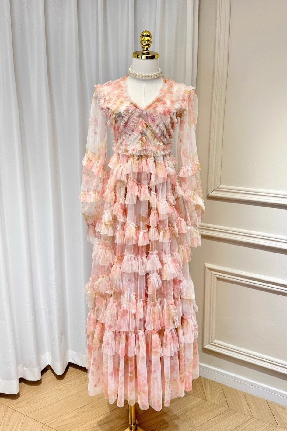 Intricate V-Neck Pleated Maxi Dress with Ruffled Hem and Puff Sleeves