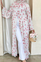Floral Print Open Abaya & Matching Hijab Two-Piece Set-Pink