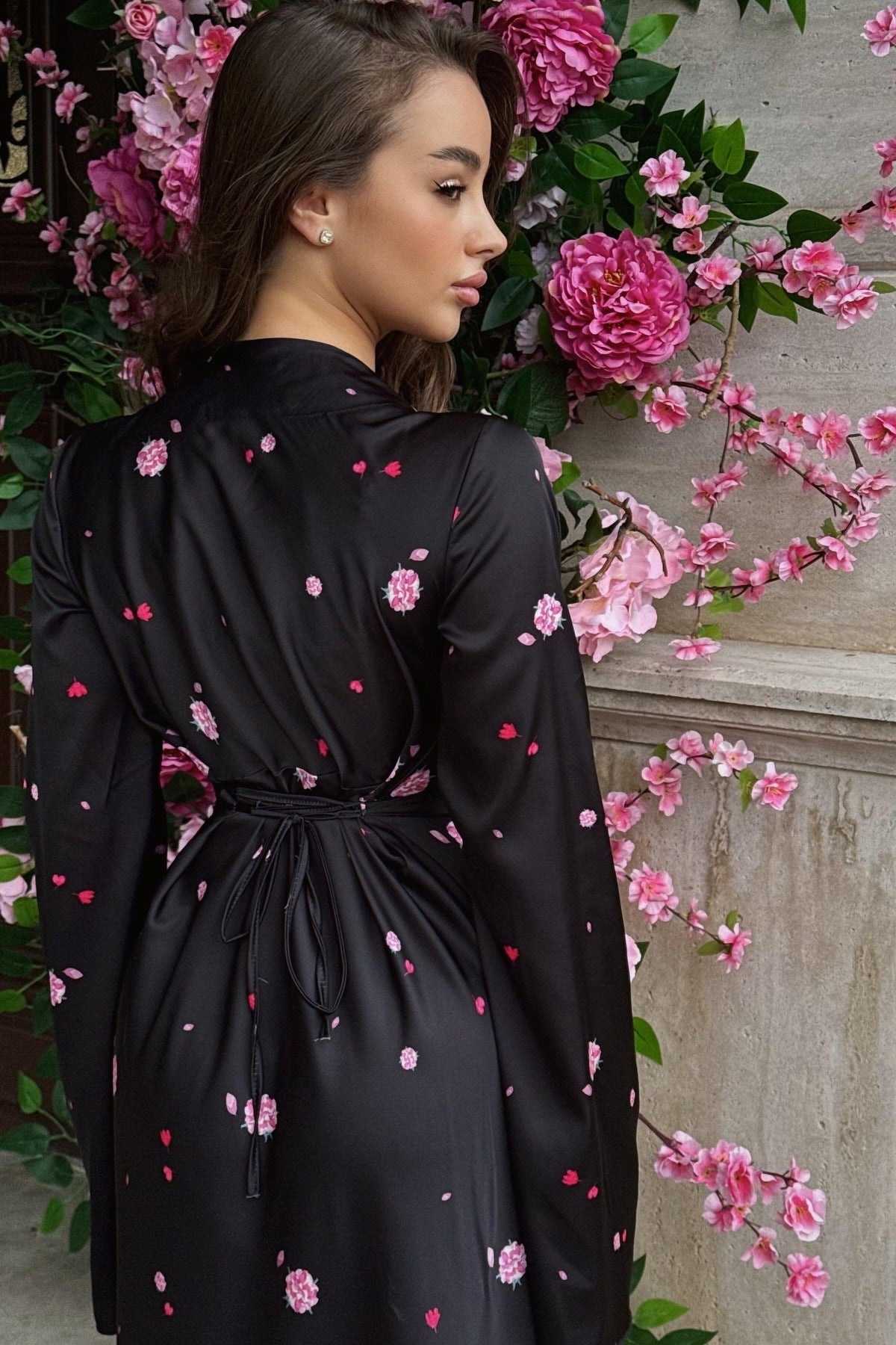 Pastel Rose Lustrous Satin Maxi Gown-Black