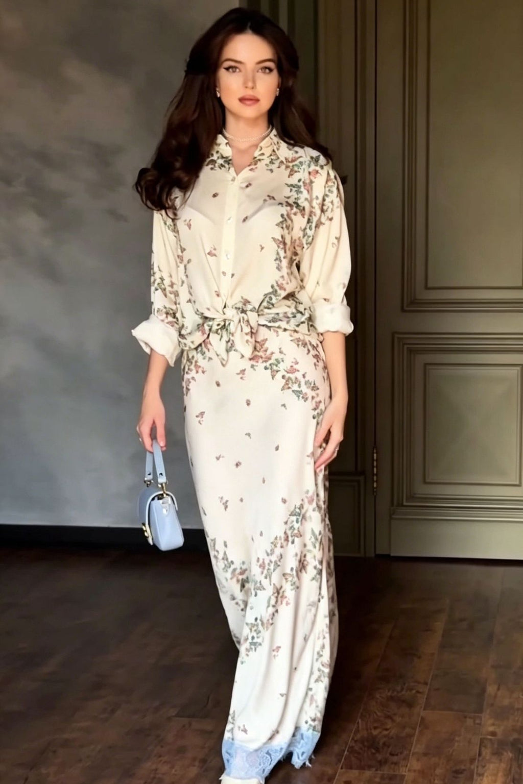 Botanical Print Front-Tie Blouse and Lace-Trim Maxi Skirt Two-Piece Set