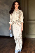 Botanical Print Front-Tie Blouse and Lace-Trim Maxi Skirt Two-Piece Set
