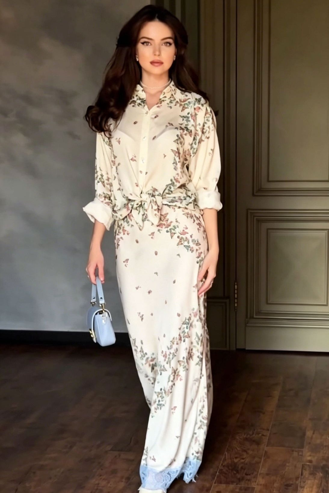 Botanical Print Front-Tie Blouse and Lace-Trim Maxi Skirt Two-Piece Set