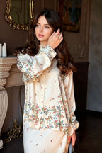 Botanical Print Front-Tie Blouse and Lace-Trim Maxi Skirt Two-Piece Set