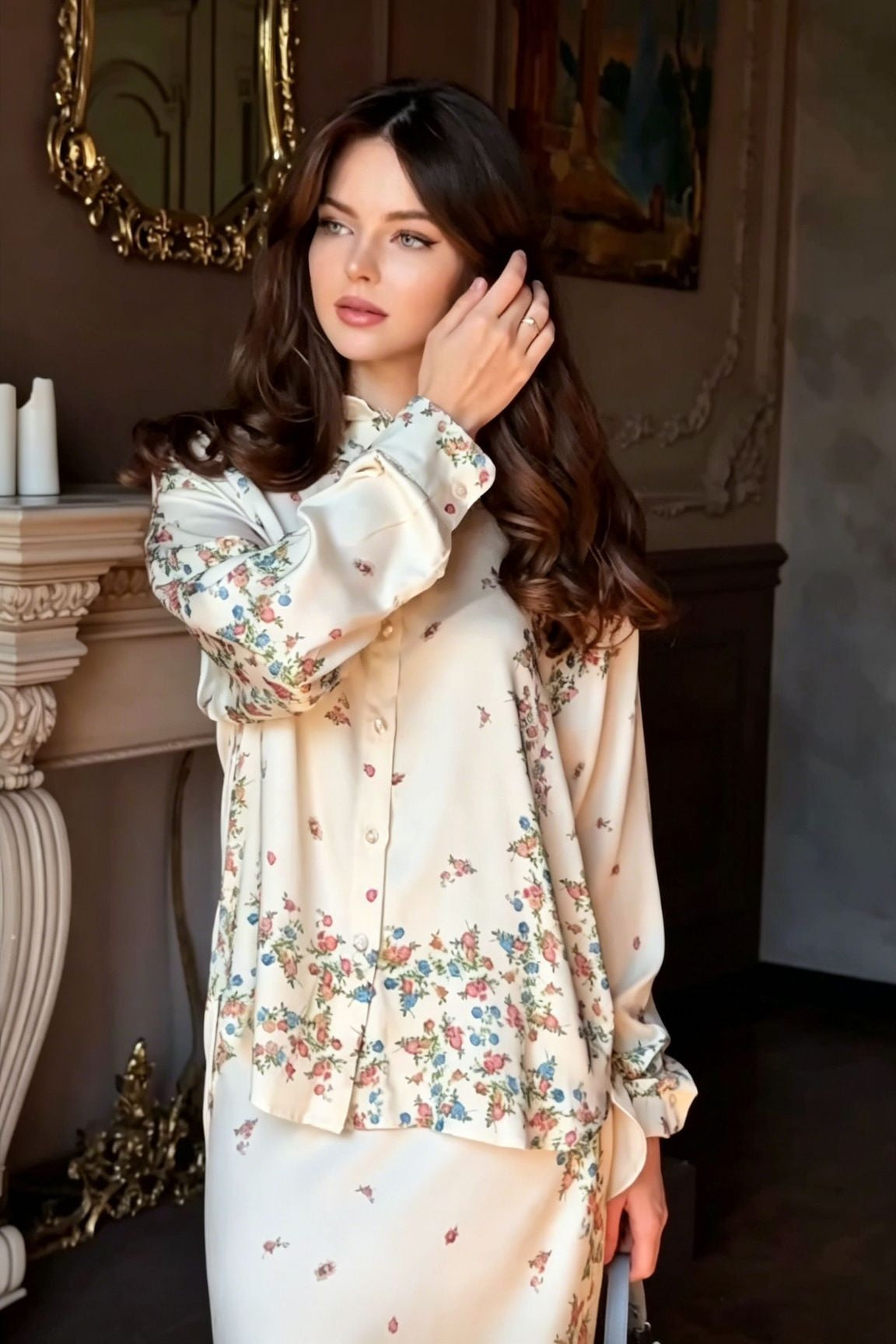 Botanical Print Front-Tie Blouse and Lace-Trim Maxi Skirt Two-Piece Set