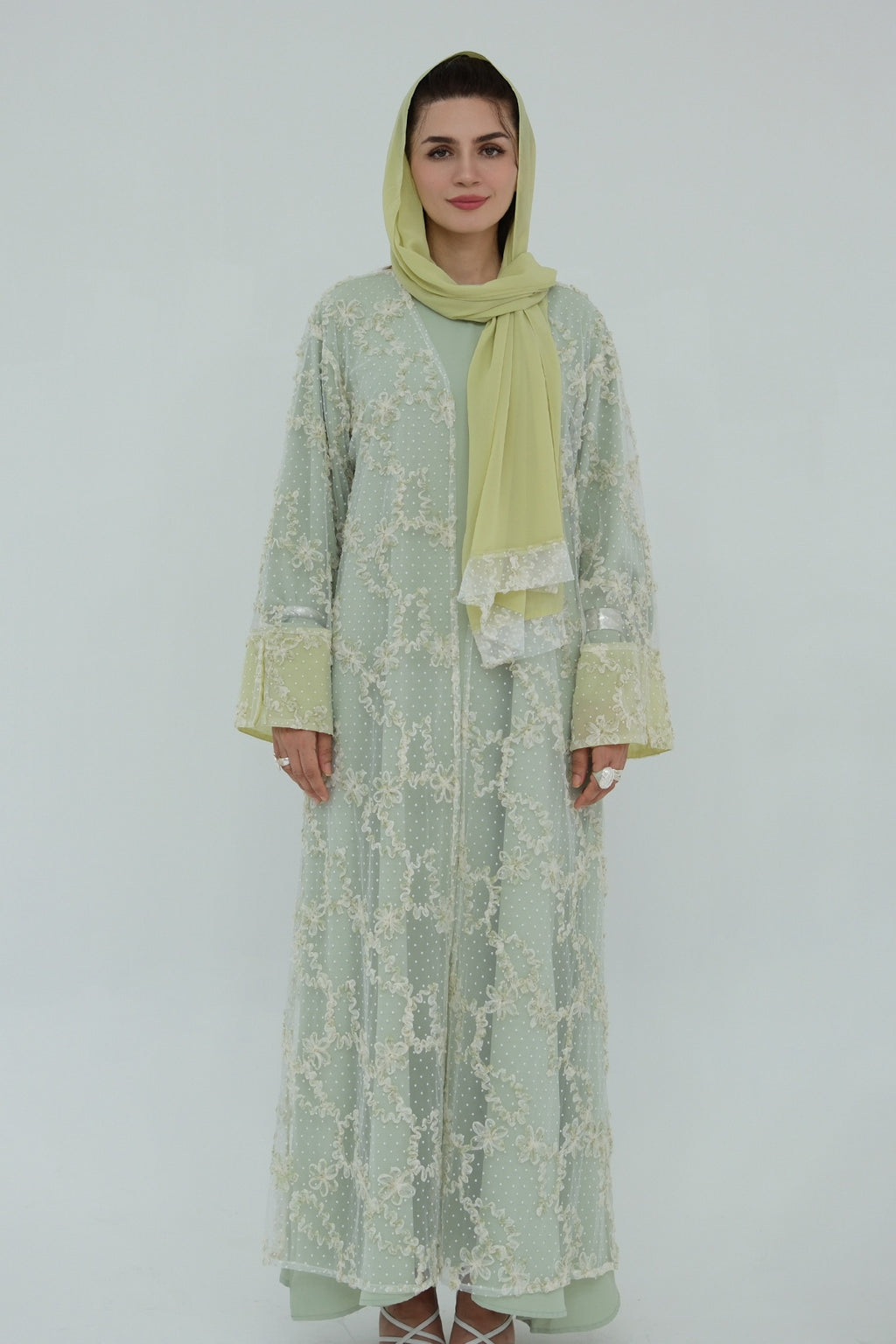 Floral Bloom Sheer Mesh Open Abaya-Green