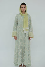 Floral Bloom Sheer Mesh Open Abaya-Green