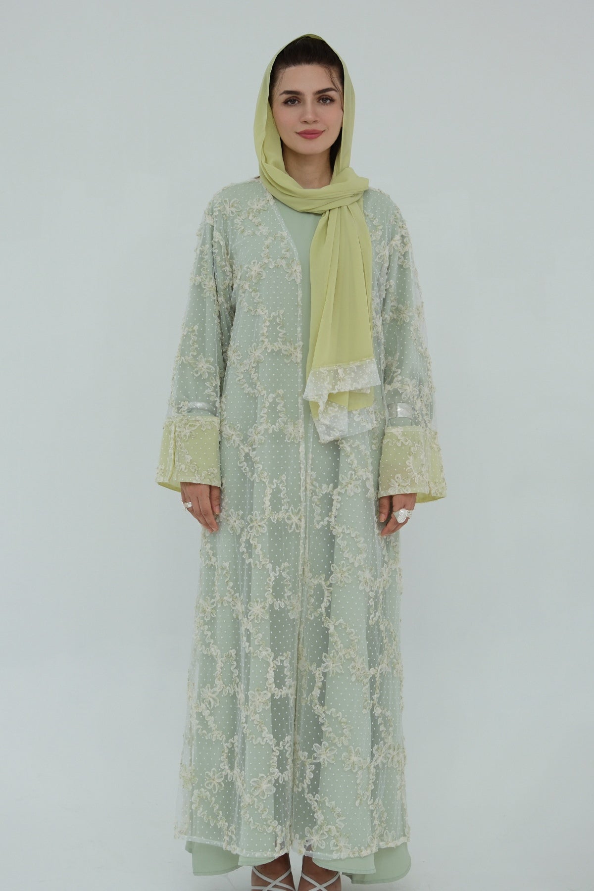 Floral Bloom Sheer Mesh Open Abaya-Green