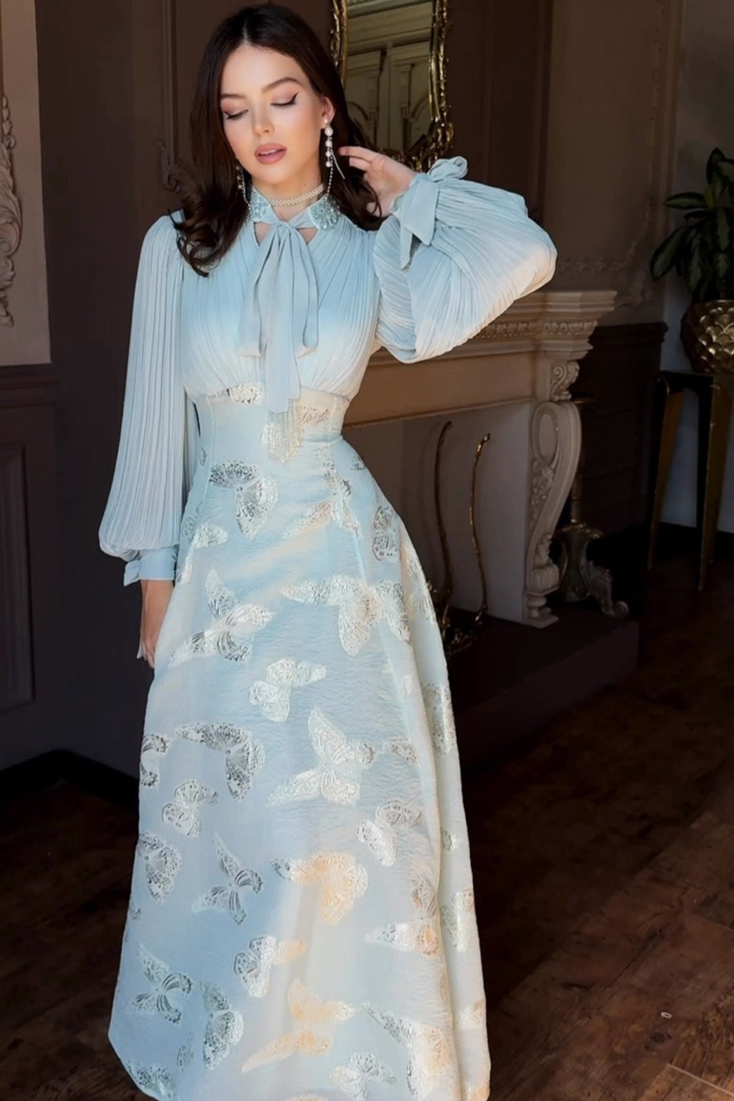 Elegant Gold-Stamped Romantic Long Sleeve Maxi Dress-Blue