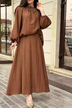 Elegant Two-Piece Crinkle Crepe Modest Set-Brown