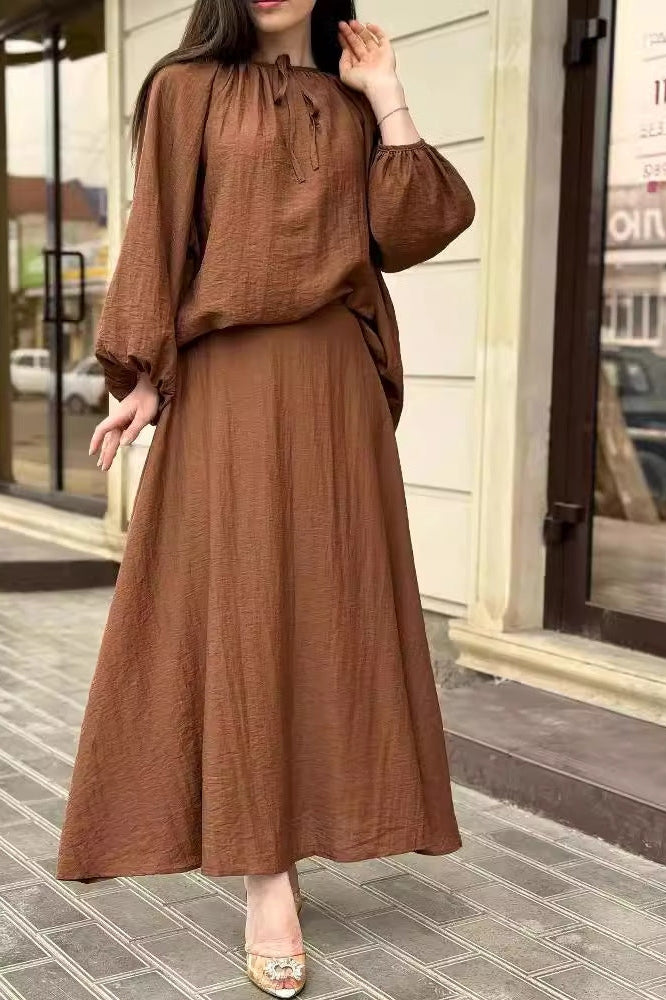 Elegant Two-Piece Crinkle Crepe Modest Set-Brown