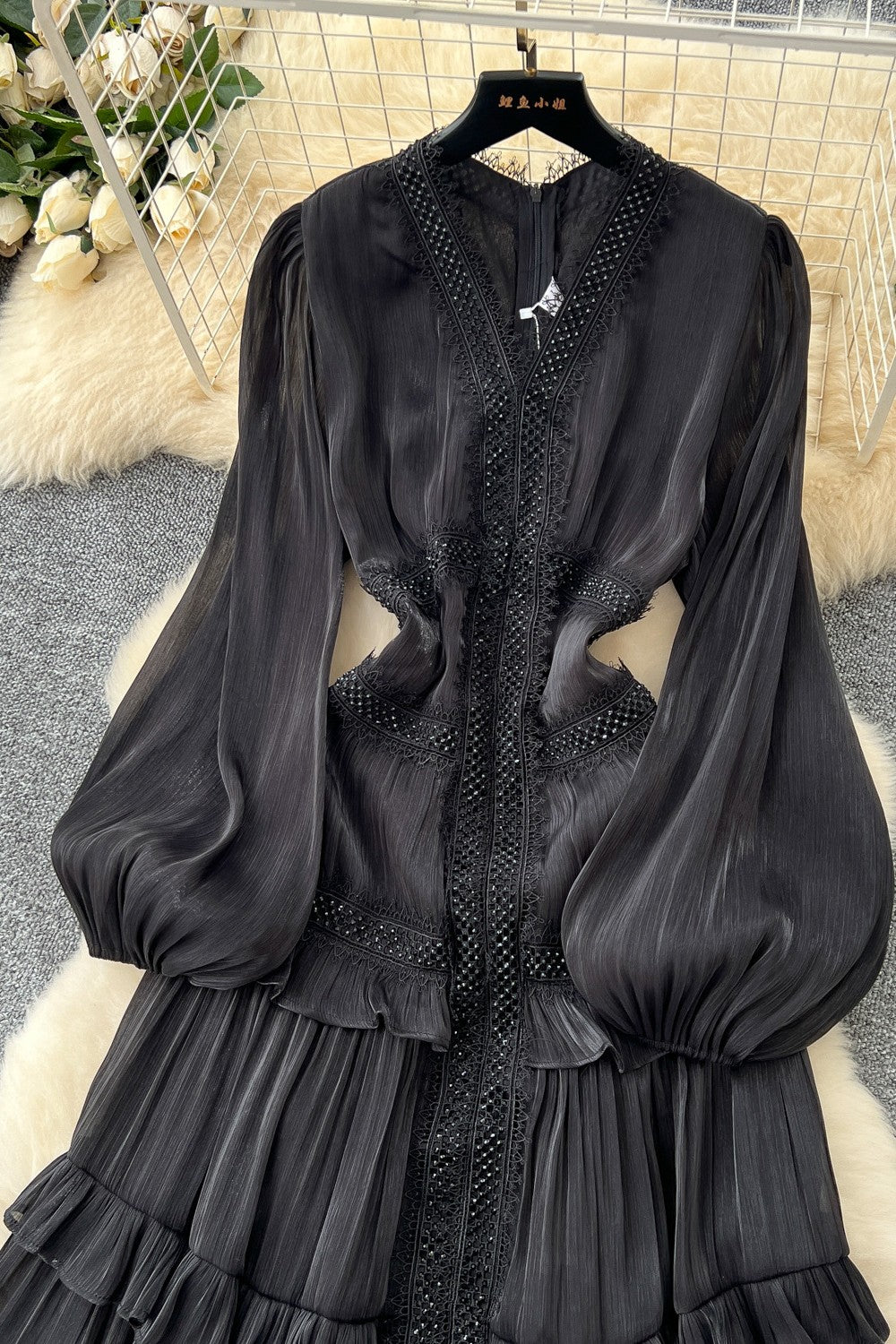 Luxury Rhinestone Embellished V-Neck Lace Patchwork Maxi Dress-Black