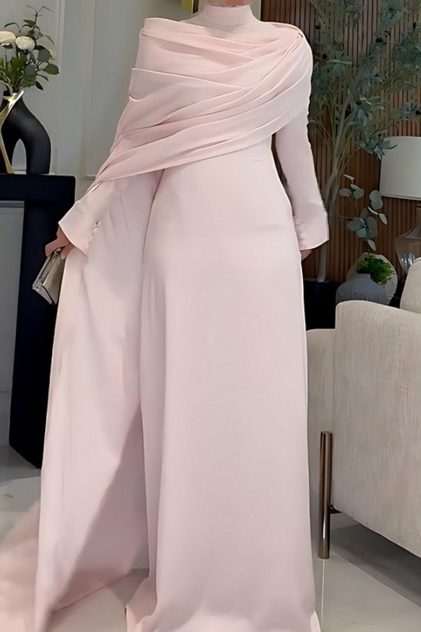 Blush Pink Draped Modest Evening Gown