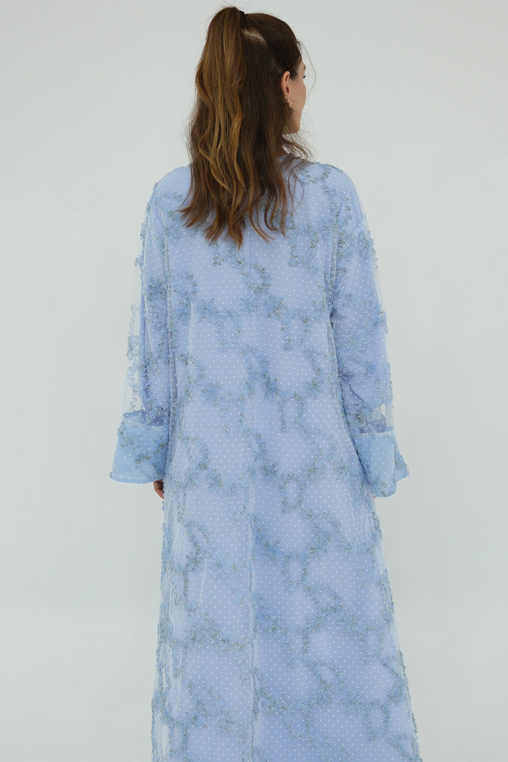 Floral Bloom Sheer Mesh Open Abaya-Blue