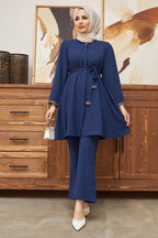 Glistening Rhinestone Modest Top & Flared Pant Set-Blue