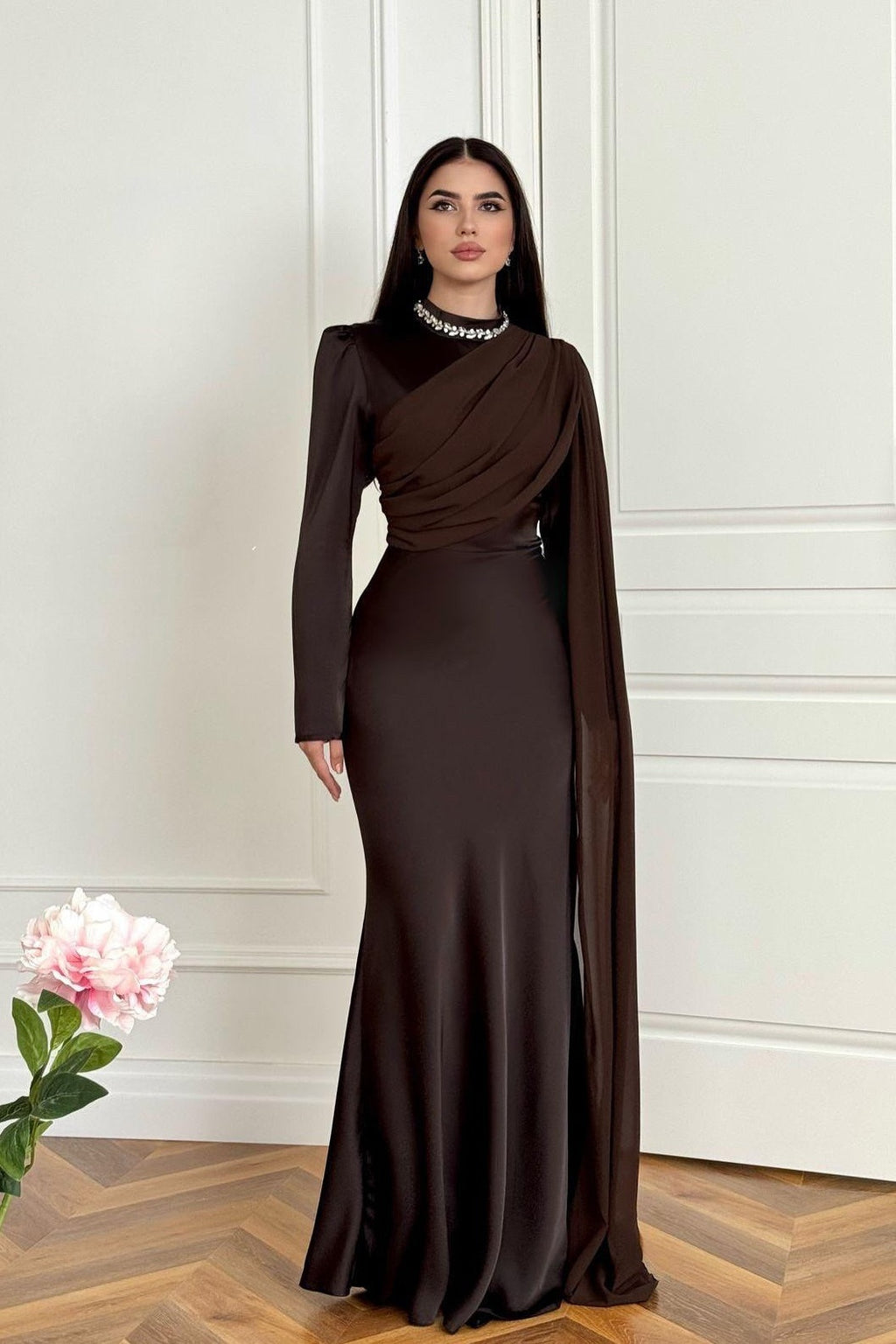 Slim-Fit Long Sleeve Luxury Evening Maxi Dress-Brown