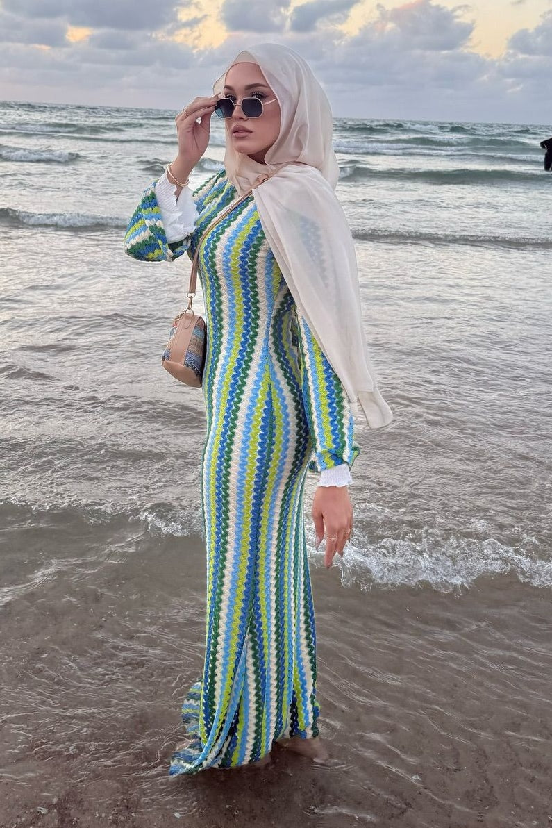 Liora Striped Knit Flare Maxi Dress-Green