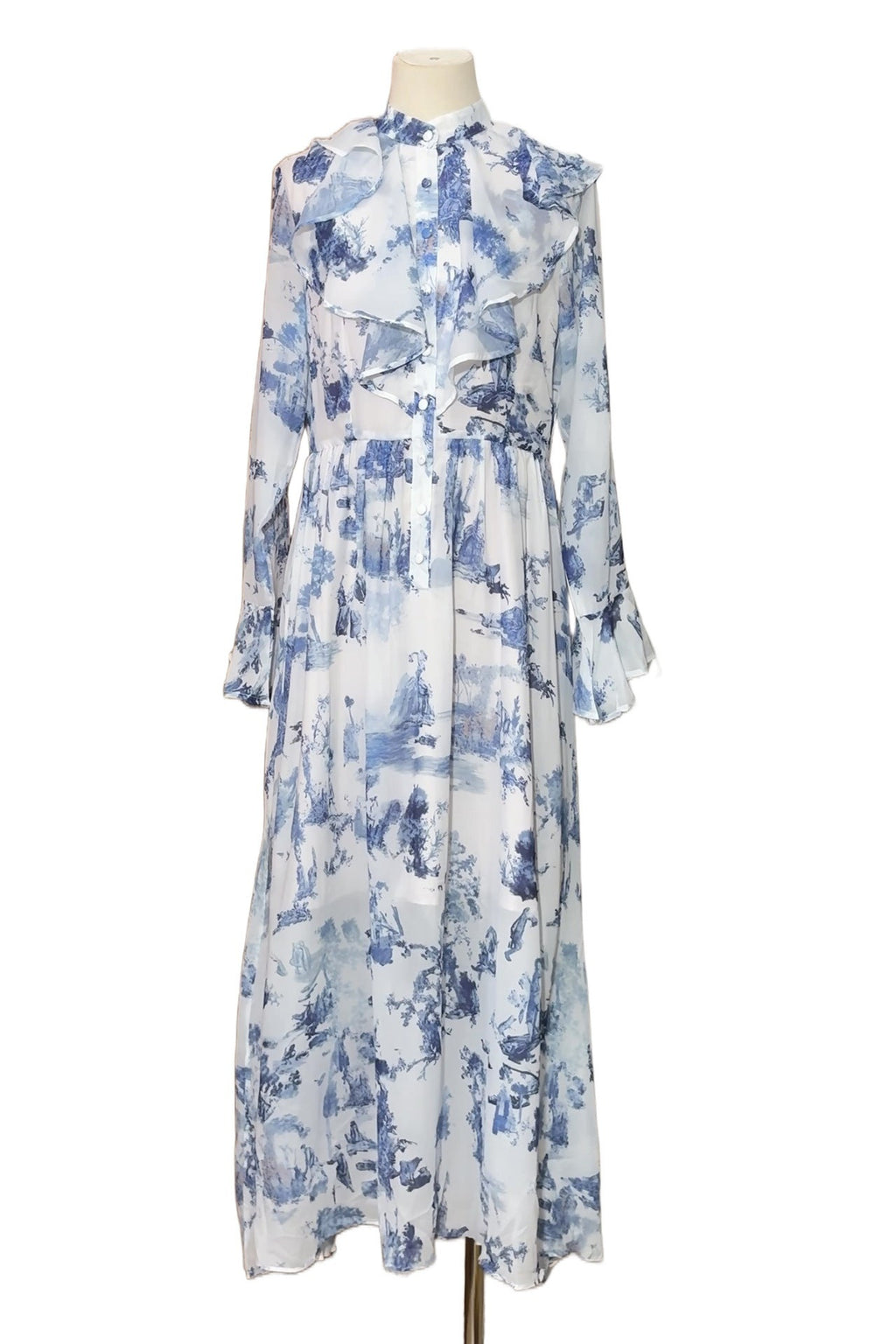 Vintage Toile de Jouy Inspired Flare Sleeve Modest Maxi Dress