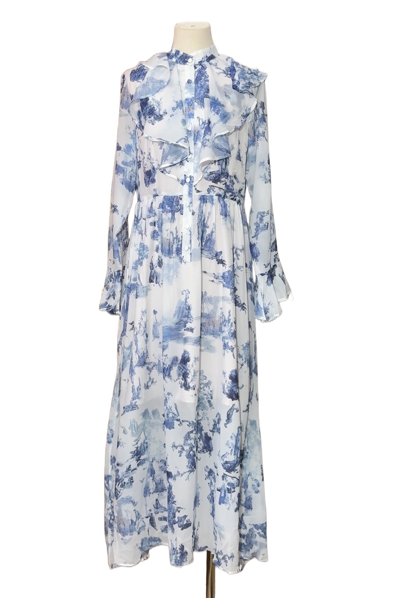 Vintage Toile de Jouy Inspired Flare Sleeve Modest Maxi Dress