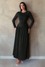 Minimalist Pleated Slim-Fit Maxi Dress-Black