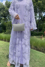 Hand-Beaded Floral Mesh Abaya Two-Piece Set-Purple