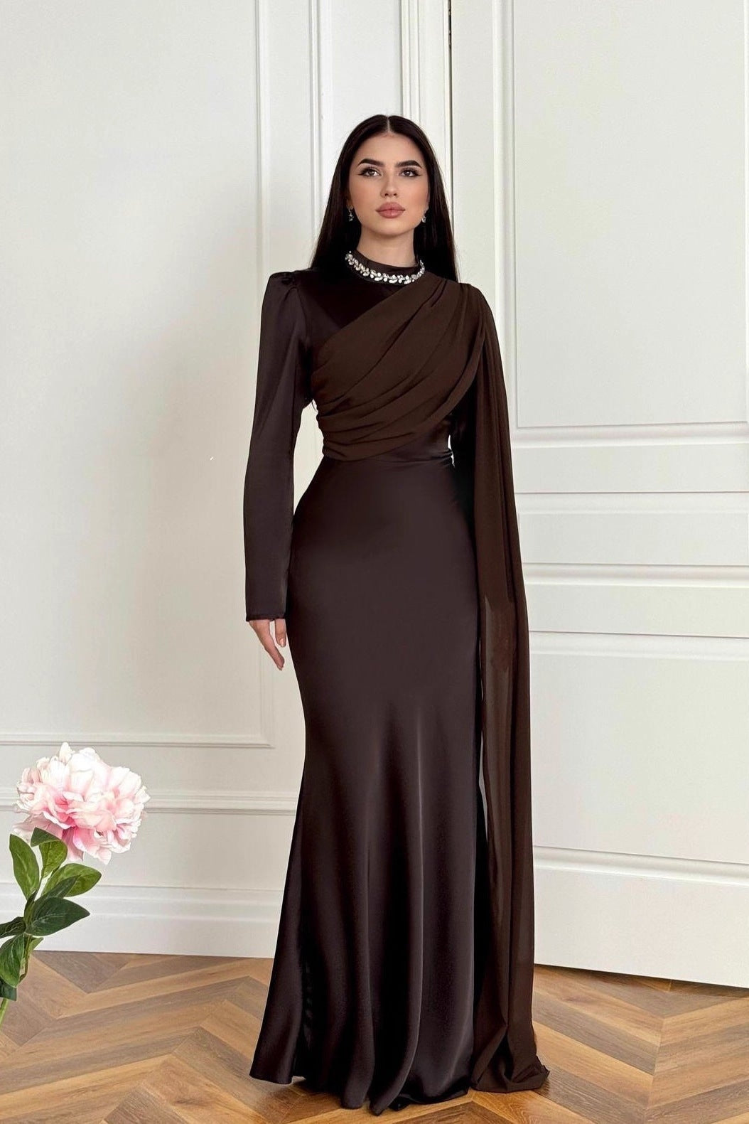 Slim-Fit Long Sleeve Luxury Evening Maxi Dress-Brown