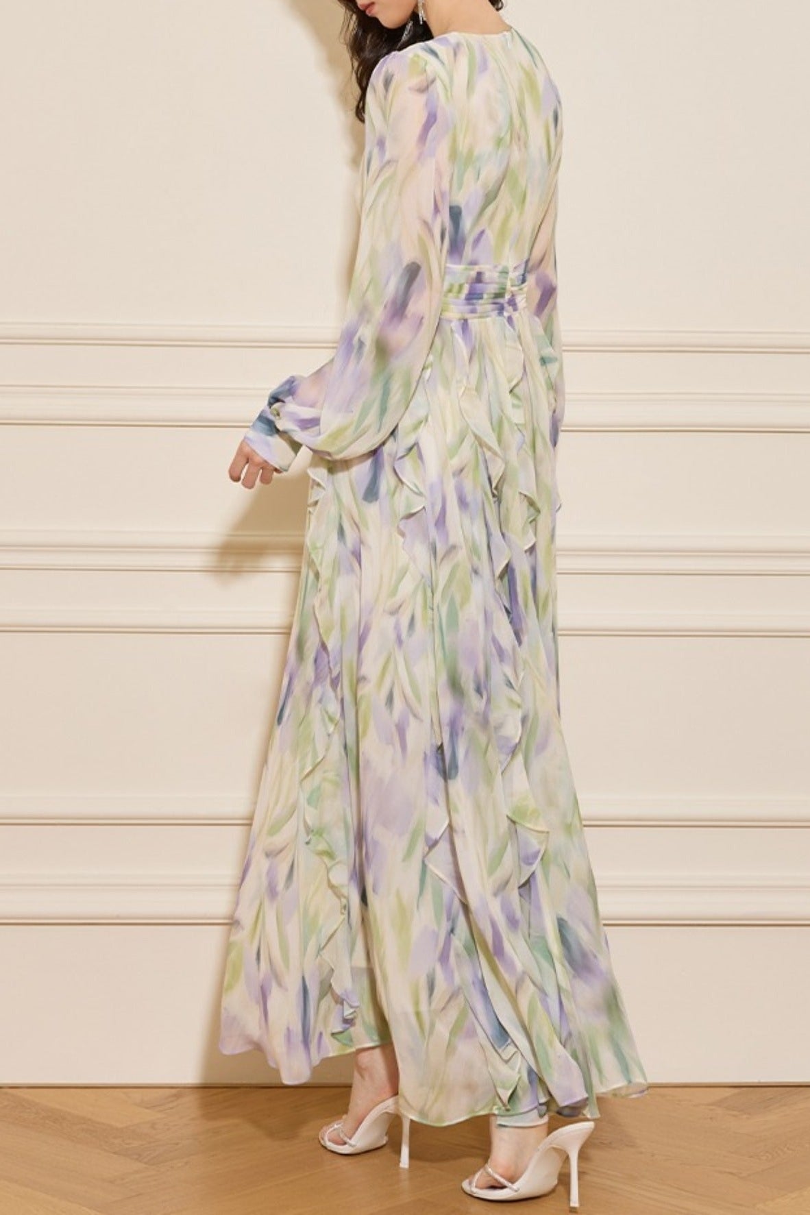 Enchanted Butterfly & Floral Cinched-Waist Full-Sweep Maxi Dress