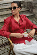 Isabella Linen Tie Blouse Shirt-Red