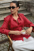 Isabella Linen Tie Blouse Shirt-Red