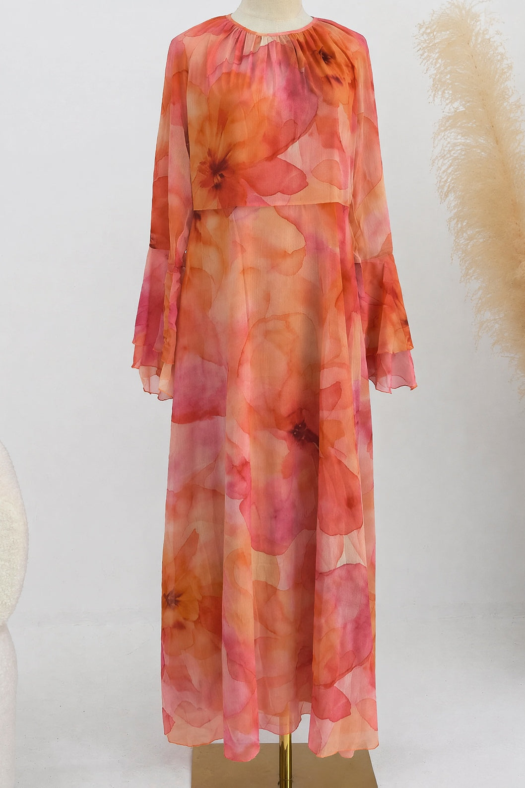Yara Watercolor Ruffle Flare Maxi Dress-Orange