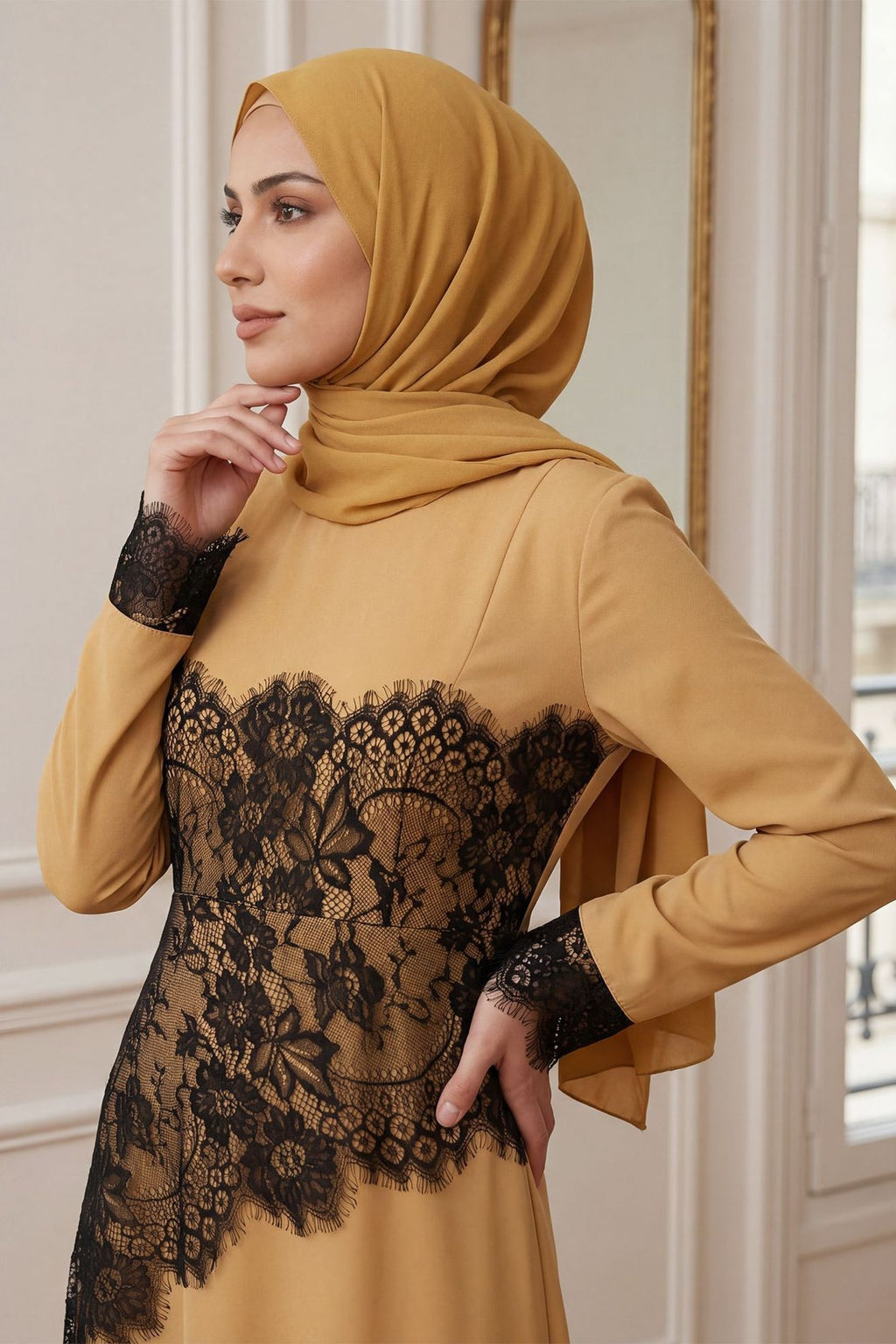 Asymmetric Lace-Trimmed Maxi Dress-Khaki