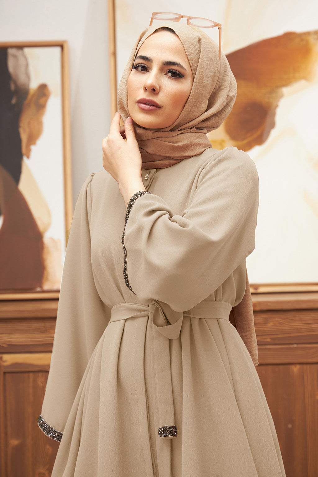 Glistening Rhinestone Modest Top & Flared Pant Set-Apricot