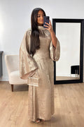 Celeste Pleated Neck Satin Maxi Dress-Khaki