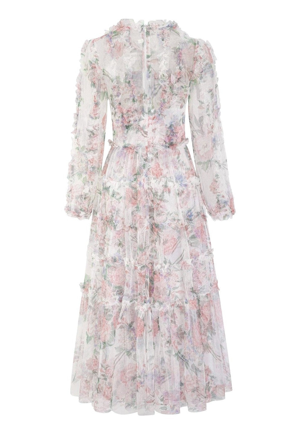 Intricate Floral Mesh Lantern Sleeve Maxi Dress