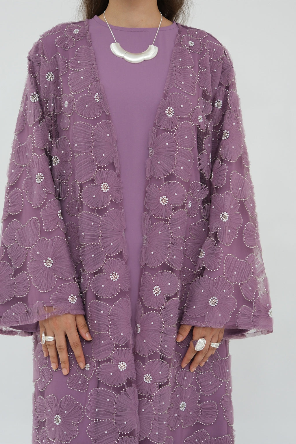 Hand-Beaded Floral Mesh Abaya Two-Piece Set-DarkPurple
