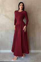 Minimalist Pleated Slim-Fit Maxi Dress-DarkRed