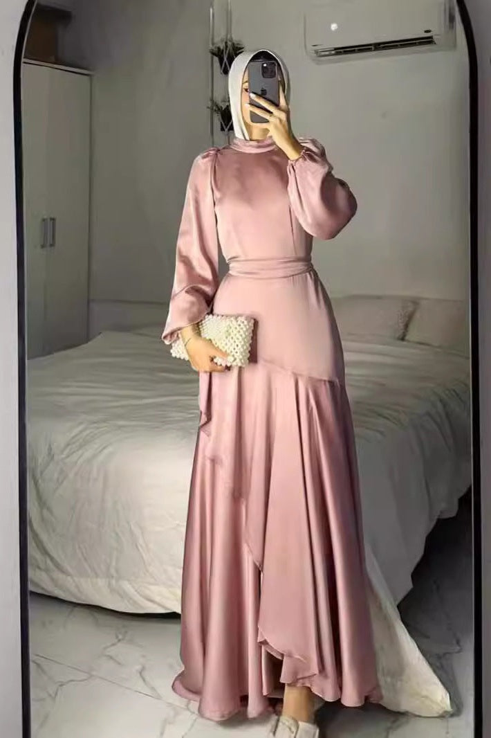 Lustrous Satin Asymmetric Tiered Gown-Pink