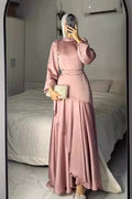 Lustrous Satin Asymmetric Tiered Gown-Pink