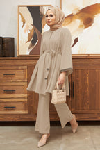 Glistening Rhinestone Modest Top & Flared Pant Set-Apricot